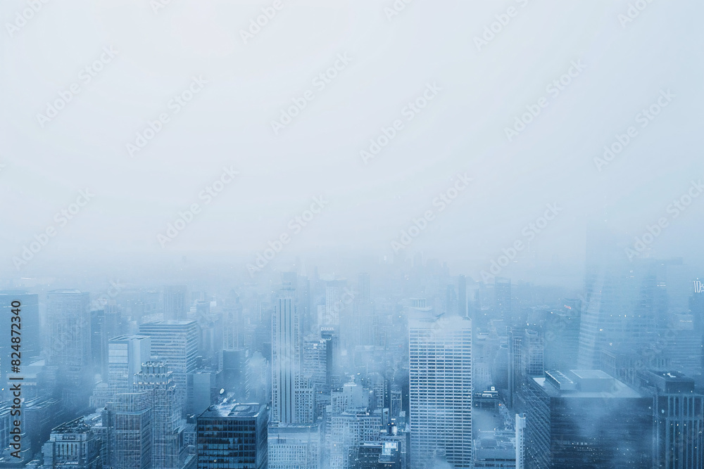 Misty and foggy view of a cityscape with tall buildings barely visible through the haze Misty and foggy view of a cityscape with tall buildings barely visible through the haze