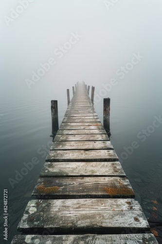 Old Wooden Pier Leading Into Foggy Waters, Creating a Mystical and Serene Atmosphere with Soft Light and Gentle Reflections in Calm Lake
