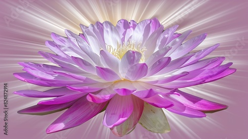   Purple and white flower on pink background with light rays emanating from flower center
