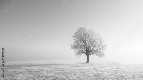 Solitary Tree in Frosty Field Under Overcast Sky  Capturing the Stillness and Serenity of a Winter Landscape with Minimalist Composition  