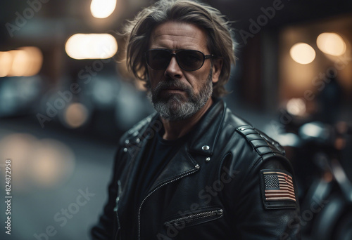 portrait of an American grown man in a biker outfit 
