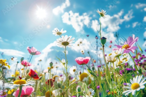 Wild flowers at summer meadow. Close up bottom view. Idyllic beautiful cosmos flower field. Natural colorful panoramic landscape with many wild flowers of daisies against blue sky. Poppies  cornflower