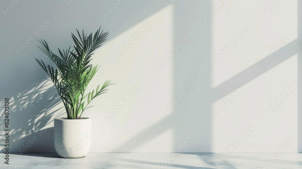 Minimalist Interior with Sunlit Green Houseplant in White Pot Casting Shadows on Clean White Wall for Modern Home Decor Inspiration Minimalist Interior with Sunlit Green Houseplant in White Pot Casting Shadows on Clean White Wall for Modern Home Decor Inspiration