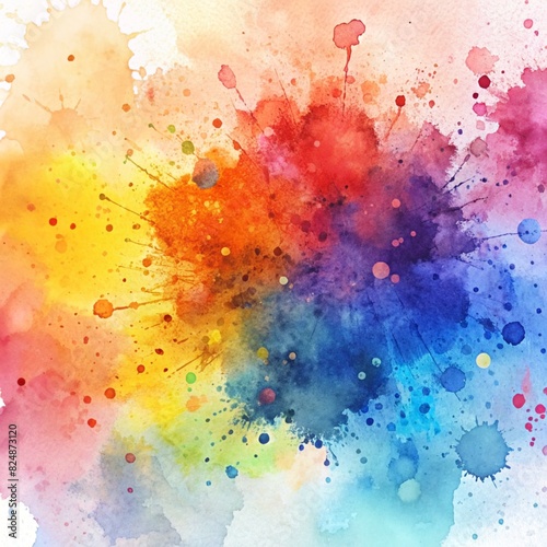 Abstract watercolor background with splatters and colorful brush strokes in orange, yellow, and purple
