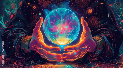 Vibrant Tarot Reader's Hands Holding Glowing Crystal Ball and Mystical Symbols