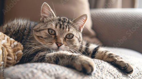 Relaxed tabby cat on couch. A tabby cat with beautiful markings relaxes on a cozy couch, enjoying a moment of peace and tranquility. © kosarit