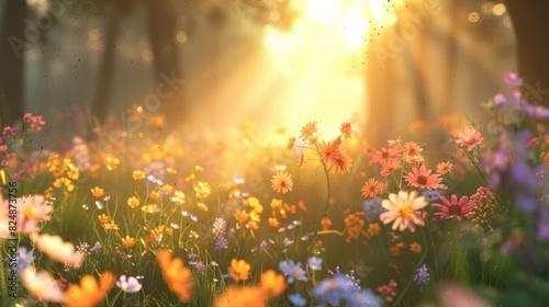 Golden Sunrise Illuminating a SoftFocus Wildflower Meadow © Sittichok