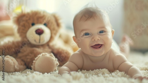 Baby Smiling While Playing with Plush Toy on Soft Carpet