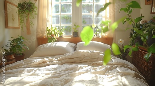  A white comforter adorns a bed beside a window with potted plants lining its edge photo