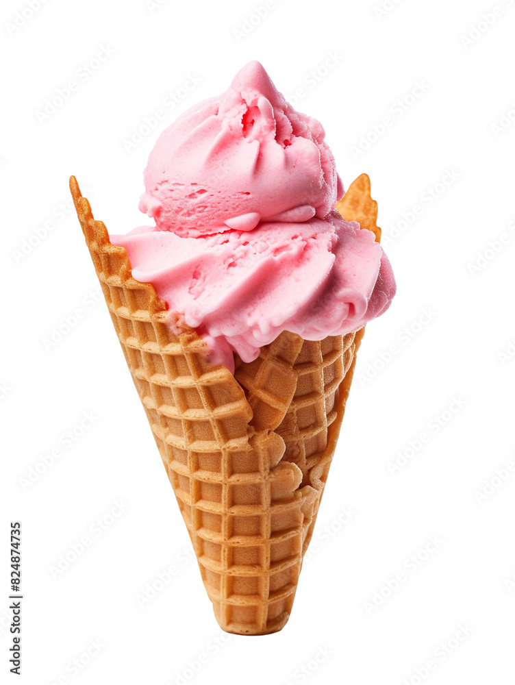 Strawberry ice cream on waffle cone isolated on transparent or white background Strawberry ice cream on waffle cone isolated on transparent or white background