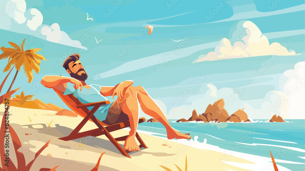 Happy guy lay in deckchair on beach. Summer vacation