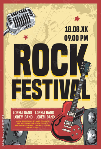 Classic Rock and roll festival concert colorful poster with stack amplifier, microphone and guitar in vector illustration style