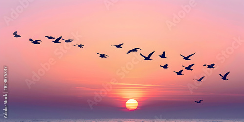 Graceful Avian Dance Birds Flying in Twilight, Silhouetted Symphony Flock of Birds Against Sunset © Ali