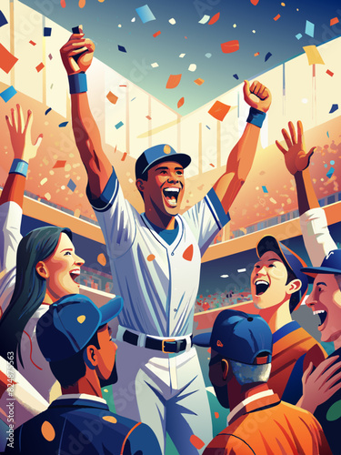 Victorious Baseball Player Celebrating Championship with Team
