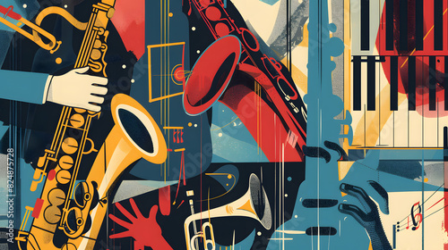 Jazz music instrument and human hands in retro collage vector illustration