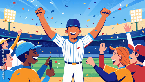 Exuberant Baseball Player Celebrating Victory with Teammates at Stadium