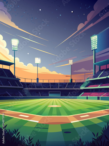 Twilight Game at an Empty Baseball Stadium with Illuminated Floodlights