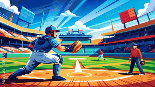 Vibrant Baseball Game Scene with Catcher in Action at Stadium