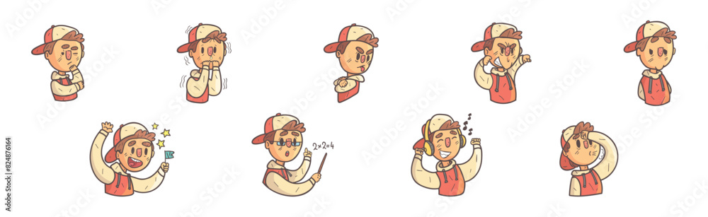 Funny Boy Character Showing Different Emotion Vector Set