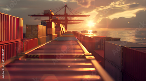 A train track with the sun setting behind them shipping transportation with sunset background
 photo