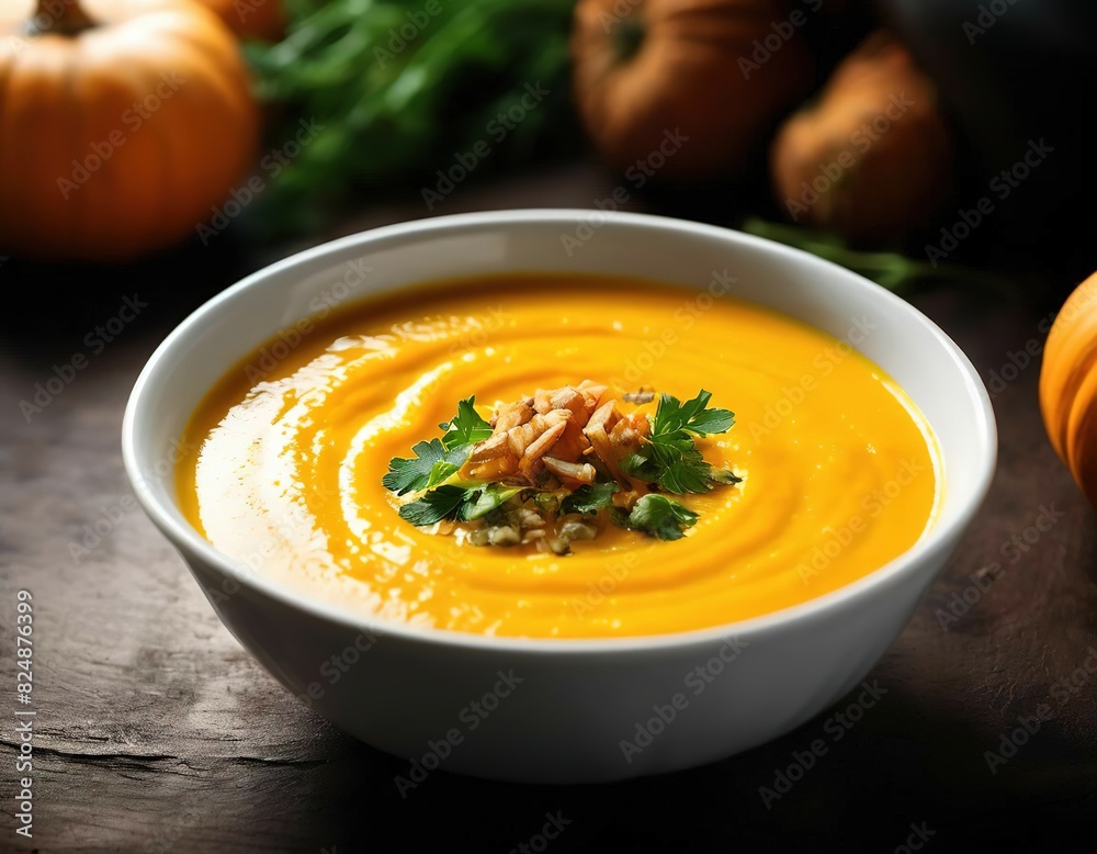 pumpkin cream soup. beautiful presentation of a dish with herbs. pumpkin cream soup. beautiful presentation of a dish with herbs.