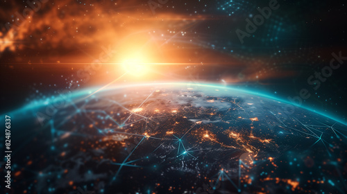 A blue and white image of a planet with a network of lights on it. The lights are connected to each other and to the planet, creating a sense of interconnectedness and unity