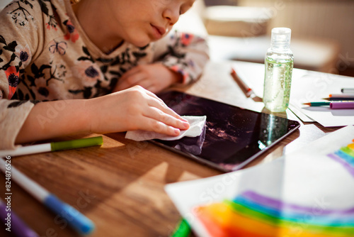 Child cleaning tablet screen while doing art projects at home