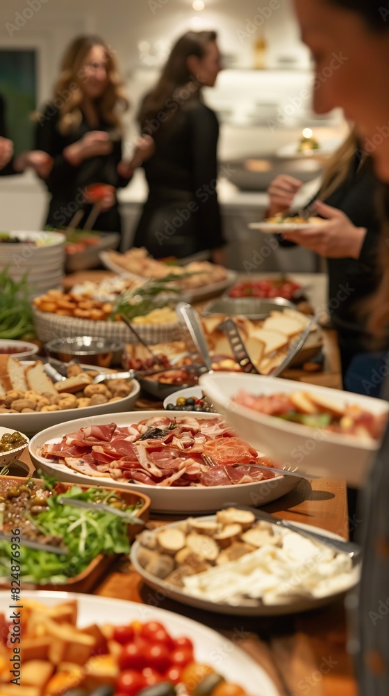 Joyful guests enjoying various meat appetizers and socializing at a festive event