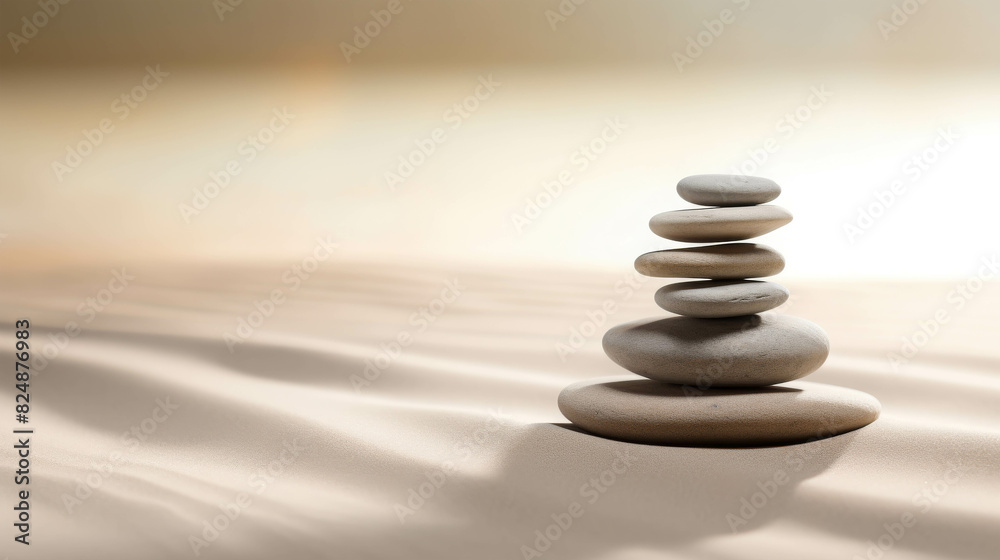 Minimalistic composition of balanced stones creating a zen atmosphere, evoking tranquility and peace on a sandy surface.