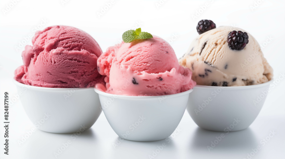 Three bowls of delicious ice cream in assorted berry flavors, garnished with mint and berries, on a white background. Three bowls of delicious ice cream in assorted berry flavors, garnished with mint and berries, on a white background.