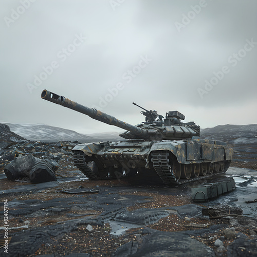 Camouflaged Military Tank in a Rocky Landscape with Overcast Skies Ready for Engagement