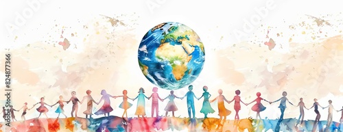 A watercolor painting of people of all colors and ethnicities holding hands around the Earth
