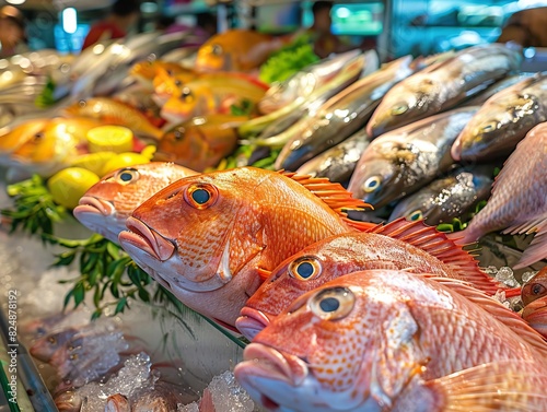 Variety of fresh fish at market or supermarket counter displaying abundance of choices