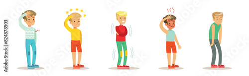 Sick and Unhealthy Boy Kid Character Feel Unwell Vector Set