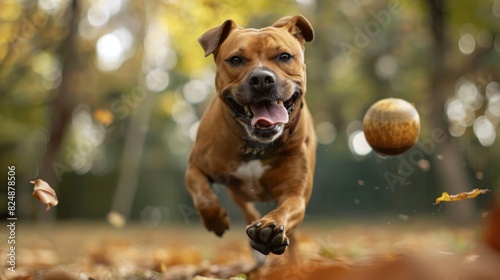 A playful dog chasing after a ball in a park, its tongue hanging out and eyes filled with excitement and energy.