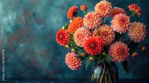   A vase brimming with vibrant pink and orange blossoms perched atop a wooden table, adjacent to a cerulean wall © Shanti