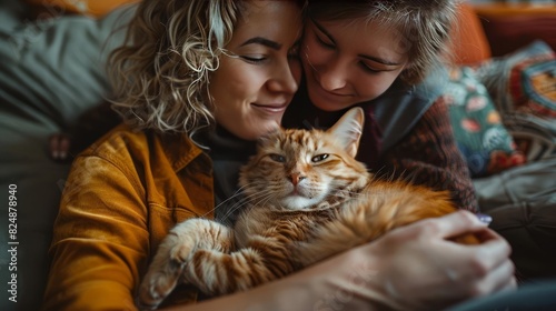 LGBTQ+ couple at home with their cat, cuddling on the couch, cozy living room setting with ample copy space.