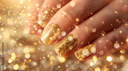 golden christmas nail paint holiday manicure glitter nails festive manicure with golden light bakground photo