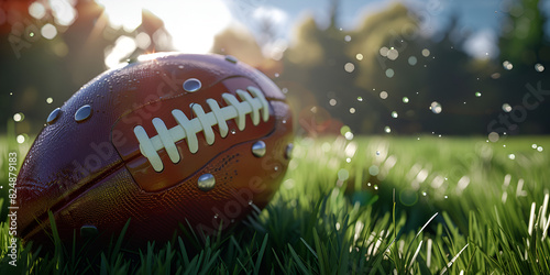Close-Up of an American Football on a Sunny Stadium Field