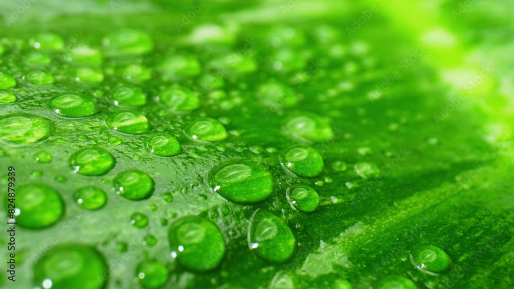 A close-up macro showcasing the intricate beauty of water droplets glistening on lush, wet green leaves. Nature's artistry in every drop. Natural wonders concept.
