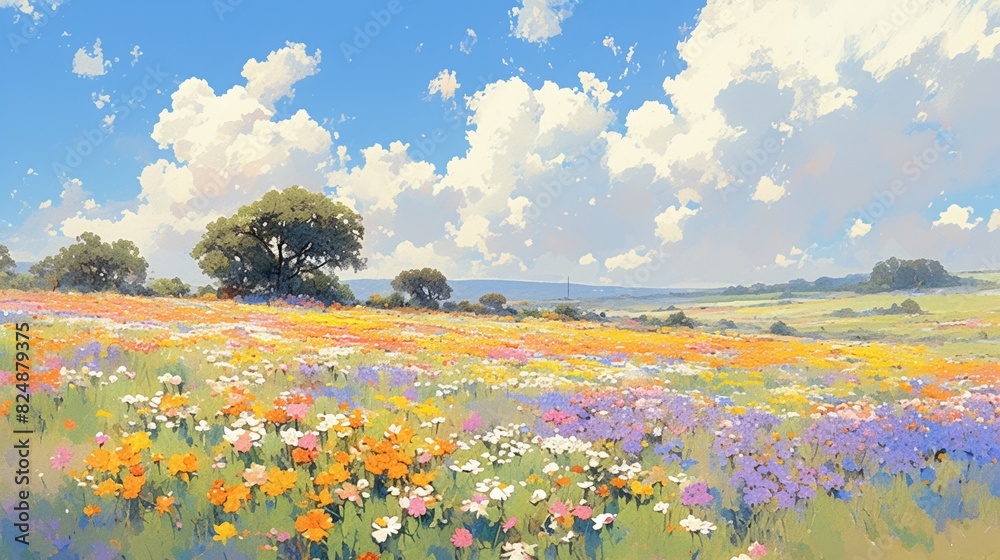 Flower field, watercolor, rainbow of colors, midday sun, eye level, breathtaking expanse , realistic watercolor