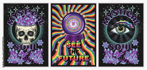 Set of posters with human skull, third eye, mushrooms, stars, crystals of gemstones, flowers. Concept of sacred spirit, magic, extended mind. Magic, mystical surreal illustration.