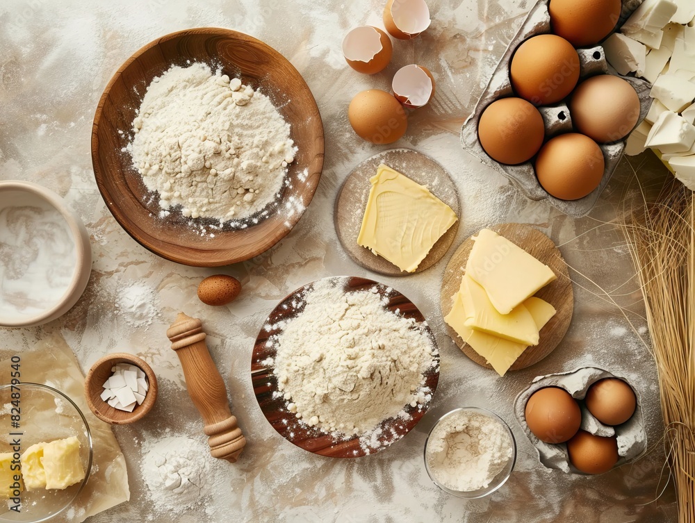 Overhead shot of table with baking ingredients - flour, eggs, butter, yeast, and more Overhead shot of table with baking ingredients - flour, eggs, butter, yeast, and more