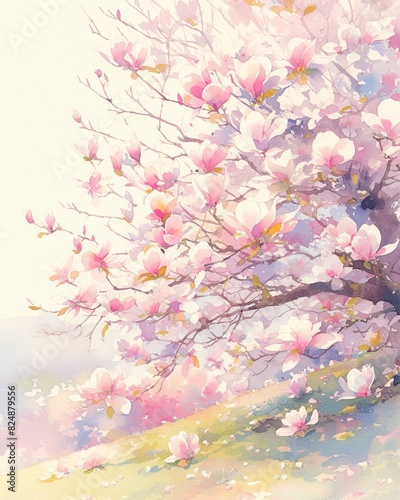 Magnolia tree  watercolor  white and pink blooms  gentle spring  clear sky  side angle   minimalist