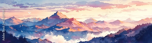 Mountain vista at sunset, watercolor, glowing peaks, cool to warm sky, peaceful, panoramic view , realistic watercolor