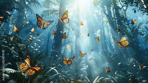   A cluster of butterflies soaring above a lush forest with towering blades of grass and a radiant sunbeam photo