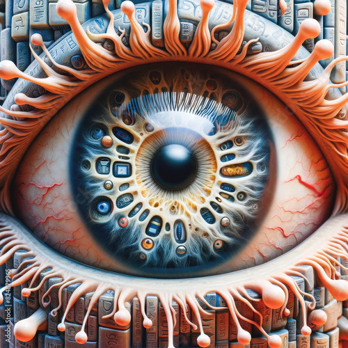 A surreal  hyper-detailed close-up of an eye with intricate textures and patterns  blending organic and mechanical elements. Vibrant colours create an otherworldly feel.
