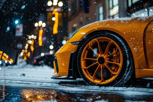 a yellow car parked on a snowy road