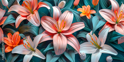 Seamless floral pattern with pink lilies.3D Gorgeous Amaryllis Flowers. photo