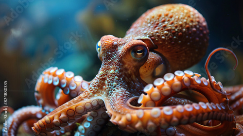 Curious octopus in aquarium. Up close image of an orange octopus with suction cups on its tentacles staring at the camera. Perfect for nature and marine life projects.